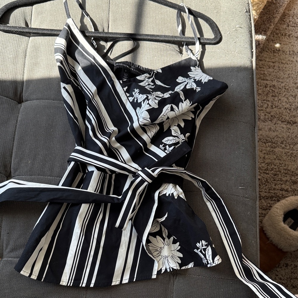 White House Black Market Floral Striped Black & White Wrap Top.